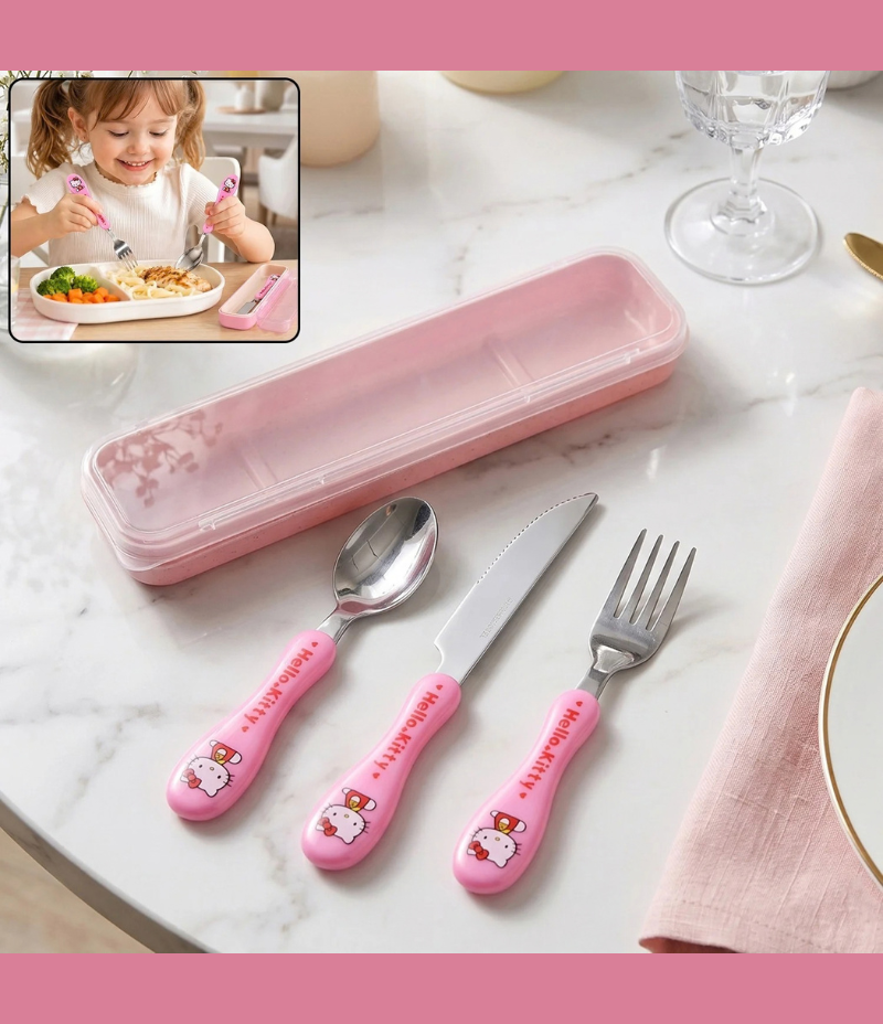 Kids 3-in-1 Portable Cutlery Set with Travel Case - Spoon, Fork & Knife
