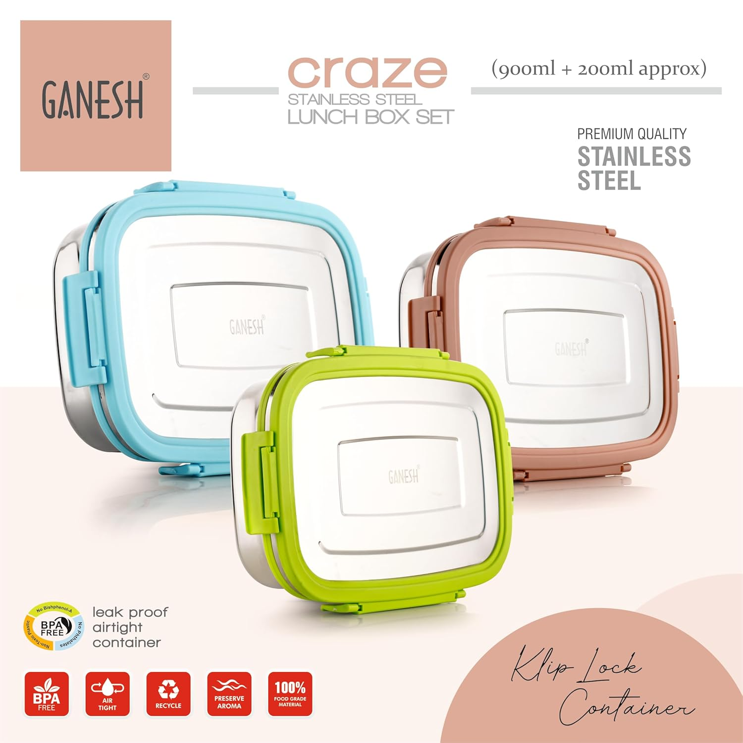 GANESH Craze Stainless Steel Tiffin Lunch Box Container/Dabba with 4 Side Clip Lock Lid for Office & School Use/Food Grade/Air Tight/Easy to Carry/Leak Proof(900ml 1pc + 200ml 1 Pc)