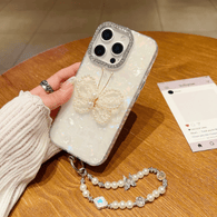 Clear Glitter Case, Cute 3D Butterfly Flower Pearl Bling Sparkle Shiny with Wrist Strap Soft Silicone Aesthetic Women Girls Protective Case for iPhone (R2BS977)