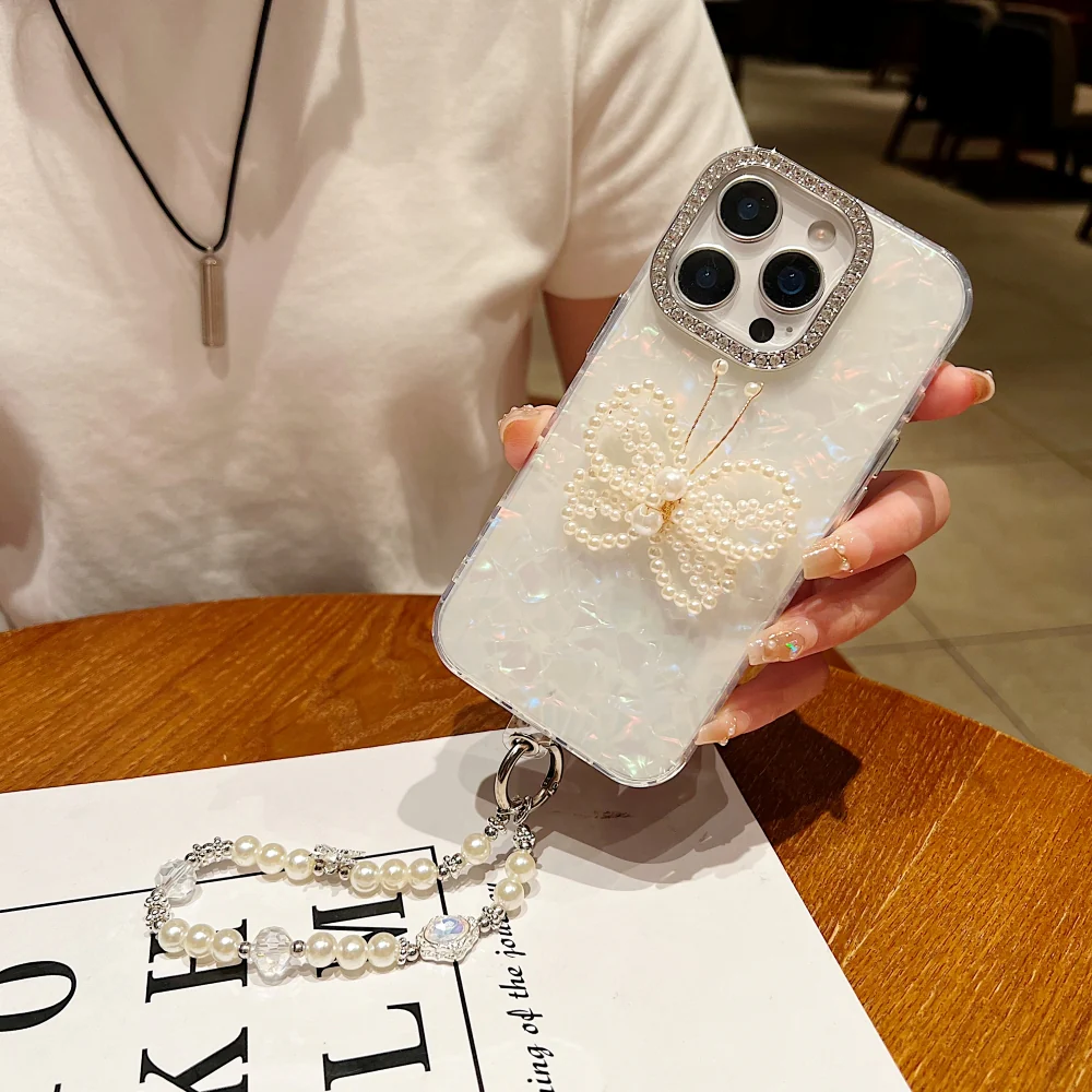 Clear Glitter Case, Cute 3D Butterfly Flower Pearl Bling Sparkle Shiny with Wrist Strap Soft Silicone Aesthetic Women Girls Protective Case for iPhone (R2BS977)