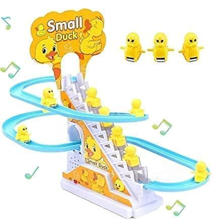 Slide Toy Race Duck Track Set, Funny Automatic Stair-Climbing Ducklings Cartoon Roller Coaster Escalator Toy with Flashing Lights & Music