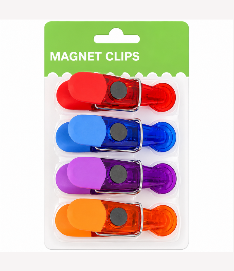 Plastic Magnetic Clips - 4 Piece Set | Strong Refrigerator & Office Magnets