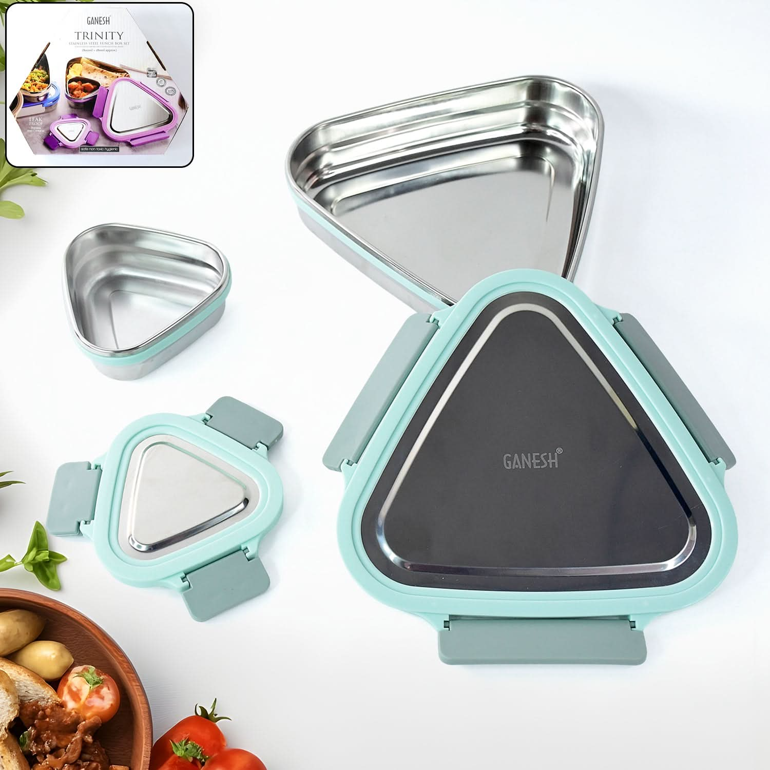 Ganesh Trinity 2-Piece Stainless Steel Triangle Lunch Box Set – Compact Leakproof Tiffin with Unique Shape, Secure Clip Lock, and Modern Design