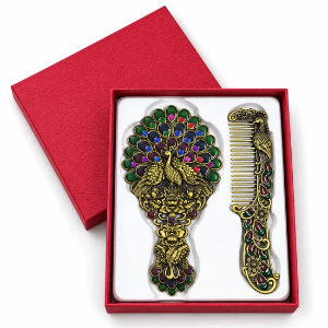 R2BS1902-Vintage Peacock Design Metal Hand Mirror & Comb Set for Women | Retro Antique Style Cosmetic Mirror with Handle | Travel Makeup Mirror Comb Set | Decorative Gift for Women Girls
