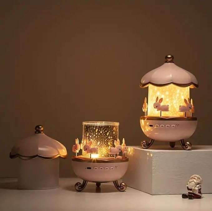 Bunny Carousel Night Light Projector Lamp | 360° Rotatable Cabin LED Night Lamp with 6 Film Shade | Rechargeable & USB Powered Cute Bunny Design Bedroom Decor for Kids, Baby, Girls.