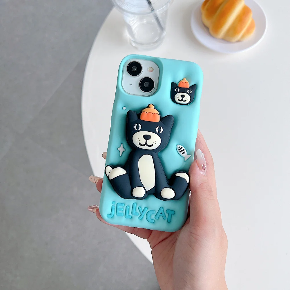 Jelly Cat Stand TPU (Soft) Silicone Phone Case | 3D Cute Black Cat Kickstand Mobile Cover for iPhone (R2BS978)