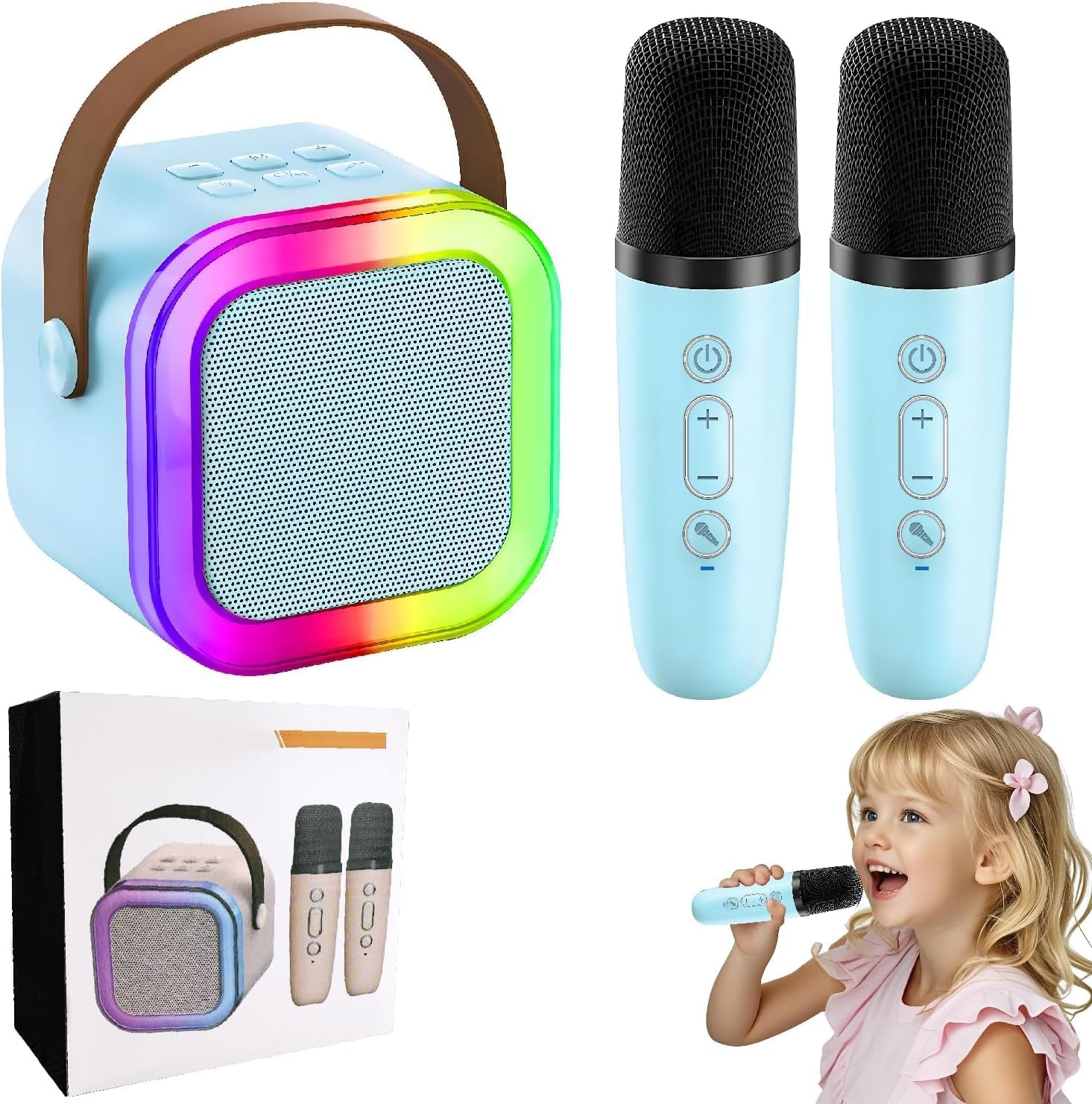 Karaoke Machine for Kids and Adults, Travel Bluetooth Mini Karaoke Microphone Singing Speaker with 2 Wireless Mic, Speaker for All Smartphones, Birthday, Family, Home Party (Multicolor)