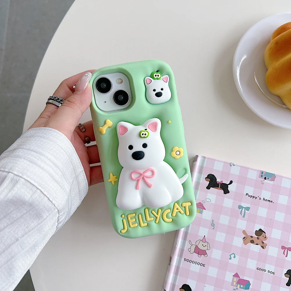 3D Puppy Knot Cartoon Pop Case, Premium Silicone Case Dog Love Light Green Color with Phone Holder Cool Full Protective for Apple iPhone (R2BS981)