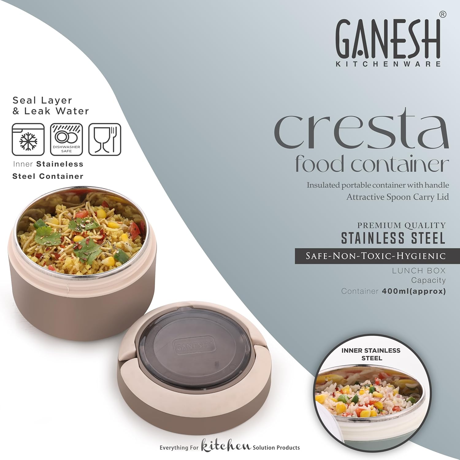 Ganesh Cresta Food Insulated Airtight Leak-Proof Lunch Box for Office, School, Picnic - 400ml