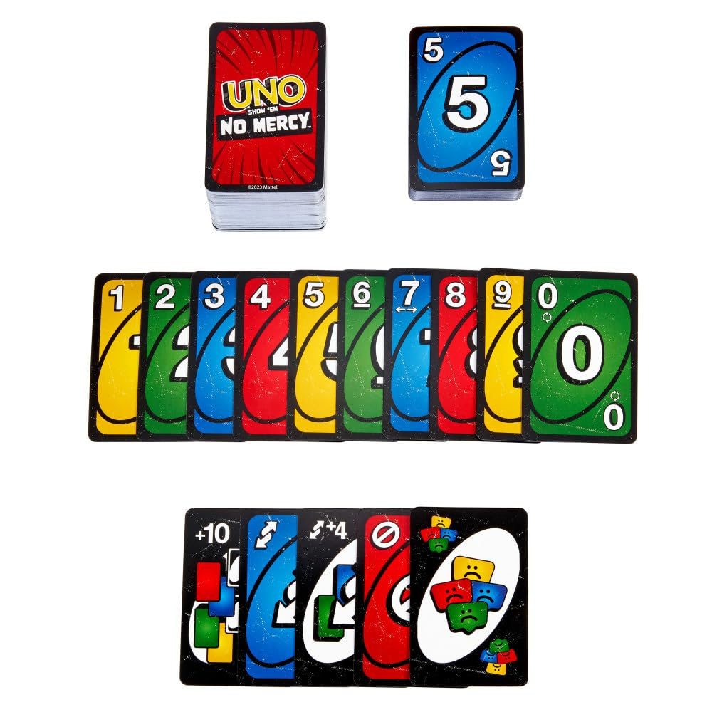 UNO Show ‘em No Mercy Card Game for Kids, Adults & Family Parties and Travel with Extra Cards, Special Rules and Tougher Penalties.