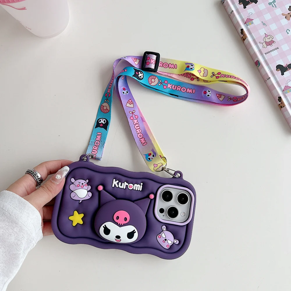 Kuromi Retractable Stand Phone Case with Shoulder Strap | Full Protective Soft Silicone 3D Cartoon Cover for iPhone (R2BS984)