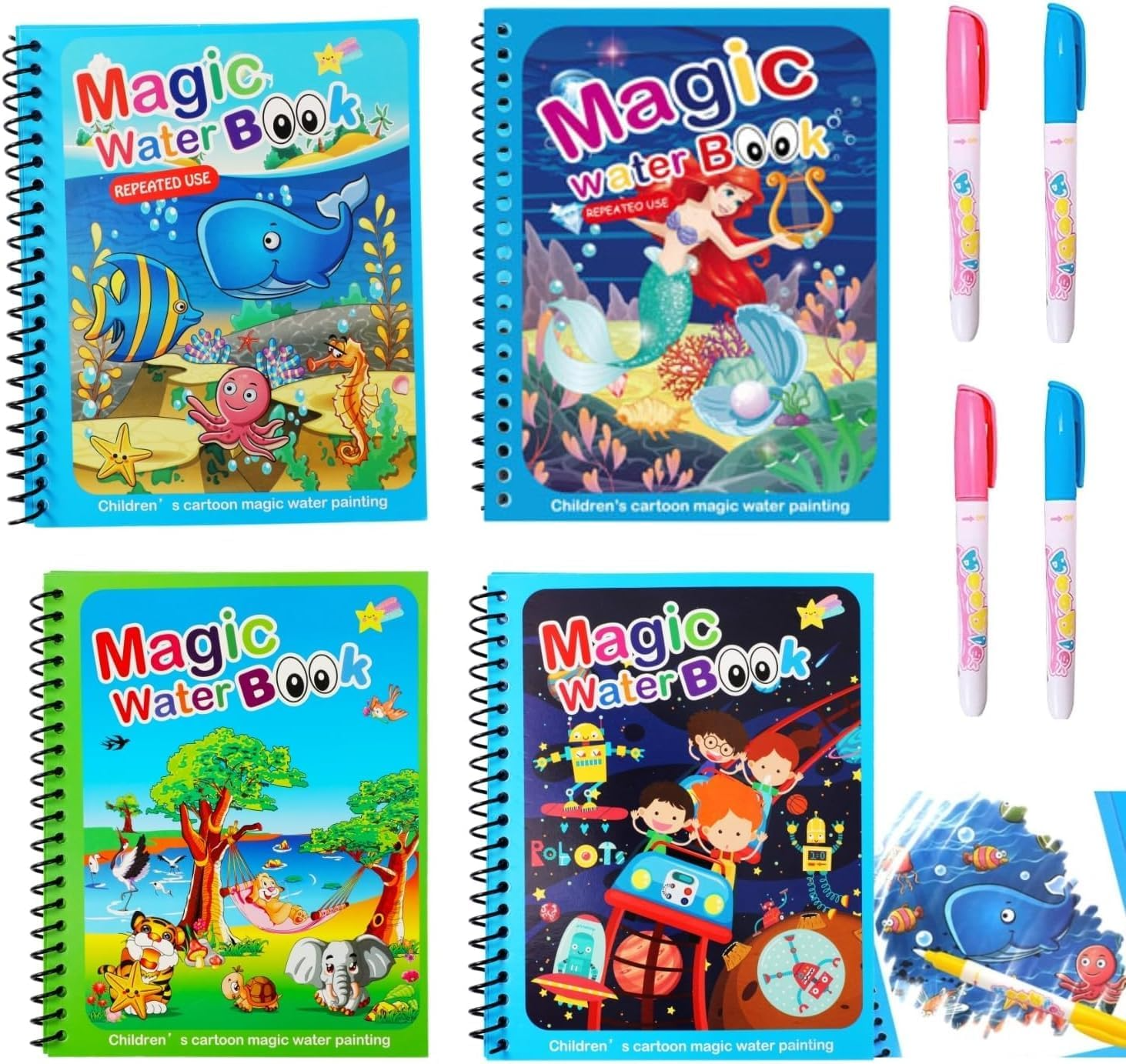 4-Pack Water Magic Coloring Books with Refillable Pens - No-Mess Water Reveal Activity Book Set for Kids - Reusable & Travel-Friendly
