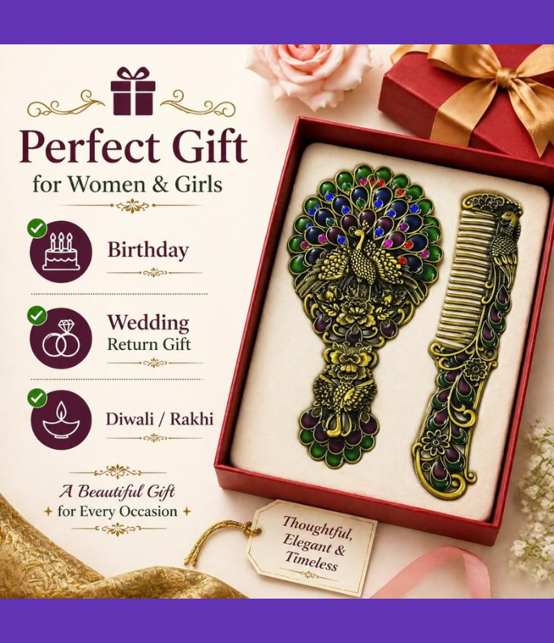 R2BS1902-Vintage Peacock Design Metal Hand Mirror & Comb Set for Women | Retro Antique Style Cosmetic Mirror with Handle | Travel Makeup Mirror Comb Set | Decorative Gift for Women Girls