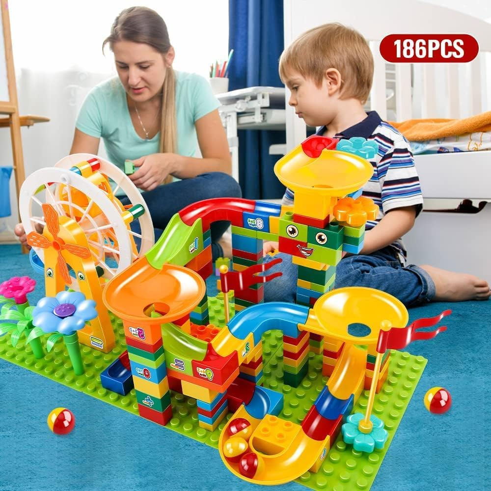Big Size Blocks Marble Run Slide Building Toys Led Lights Kids Race Track Compatible with All Major Brands Bricks Set Various Track Models for Gifts Boys Girls (186 Pcs)