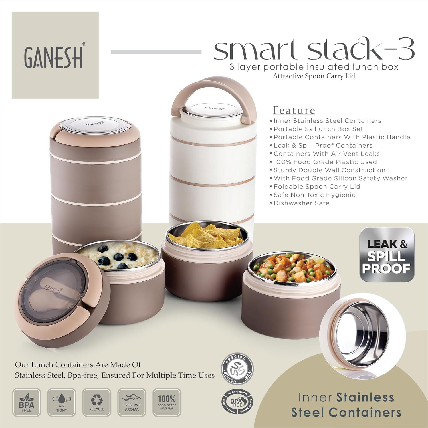 GANESH Smart Stack 3 Layer Protable Lunch Box Stainless Steel Airtight Leak-Proof Lunch Box for Office, School, Picnic -Brown, 1200 Milliliters