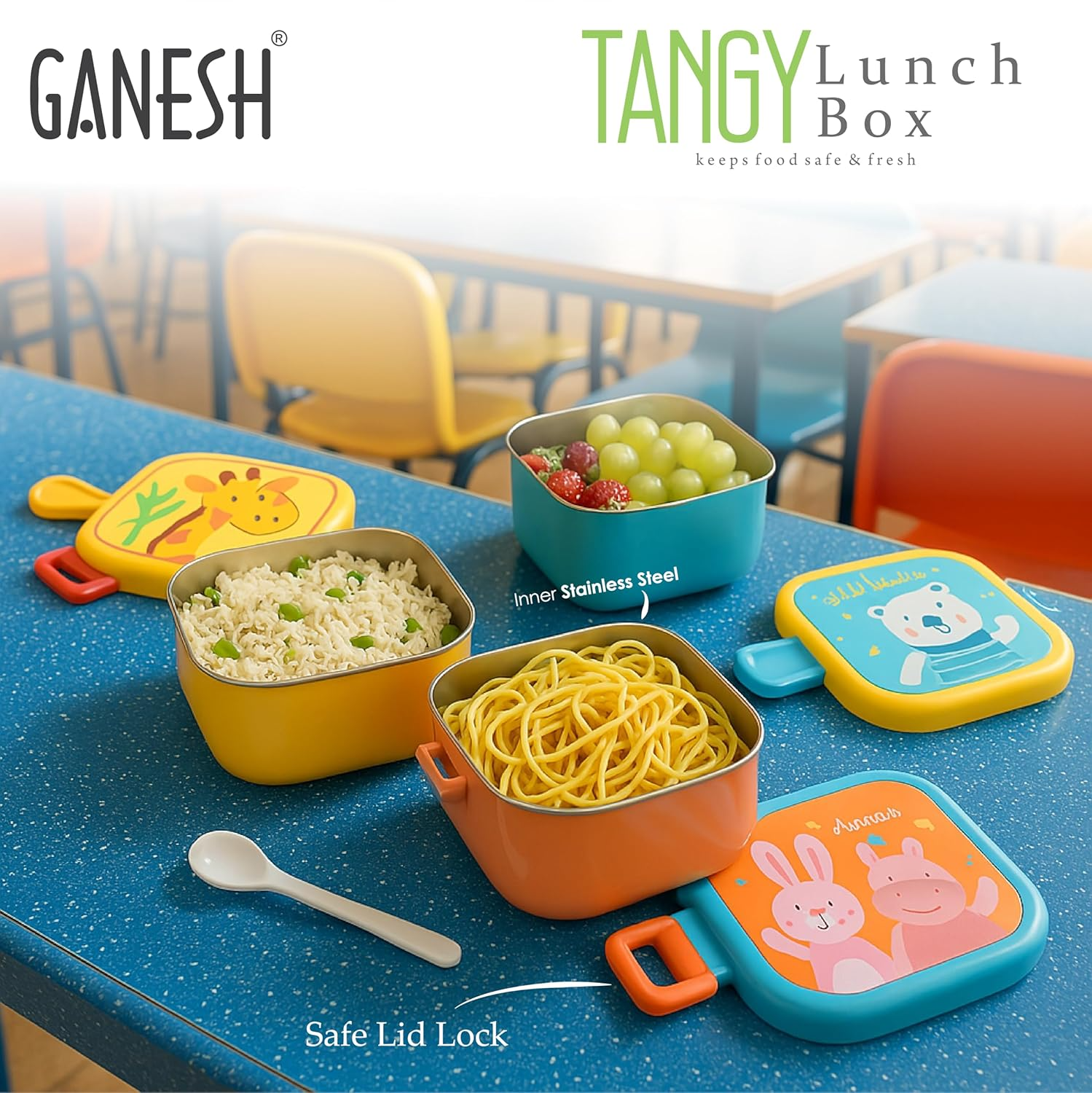 GANESH Tangy Inner Steel Lunch Box with Multi Sticker for Kids with Spoons Heavy Plastic BPA Free Food Grade Perfect for School Kids,College,Outdoor & Picnic