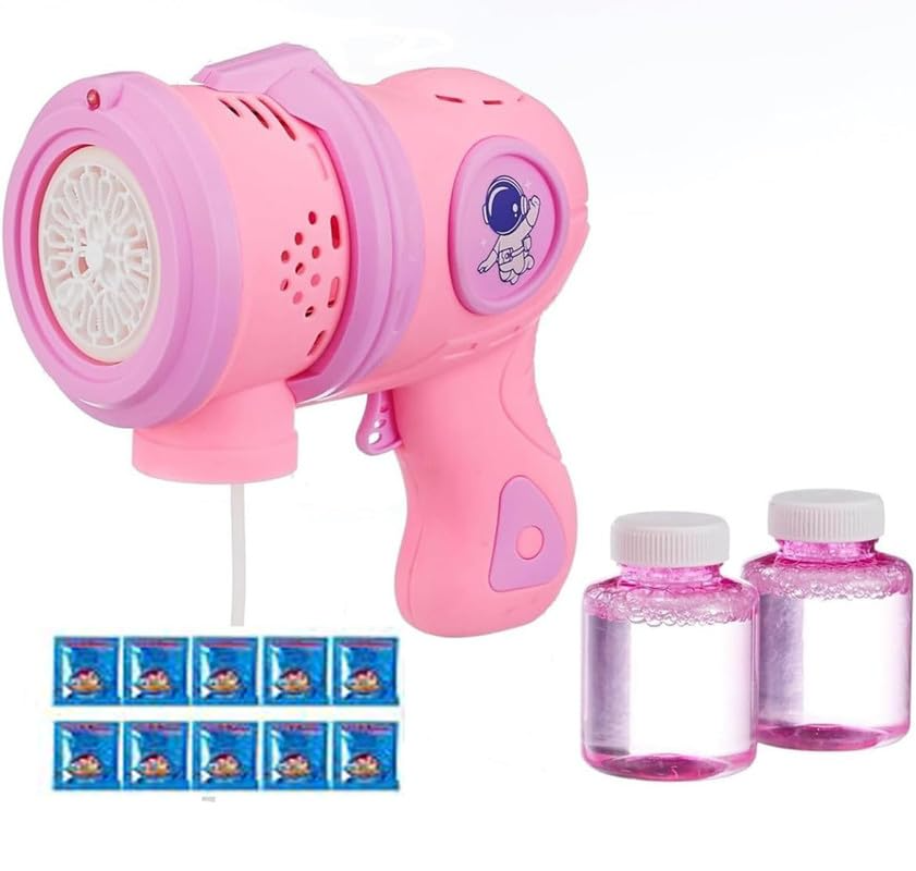 Rechargeable Colour Bubble Gun Machine for Kids | Automatic Bubble Gun | Leak-Proof Design, Fun Indoor/Outdoor Summer & Party Toy with LED Light, with 2 Bubble Solution, (10 Refill Sachets) USB Cable