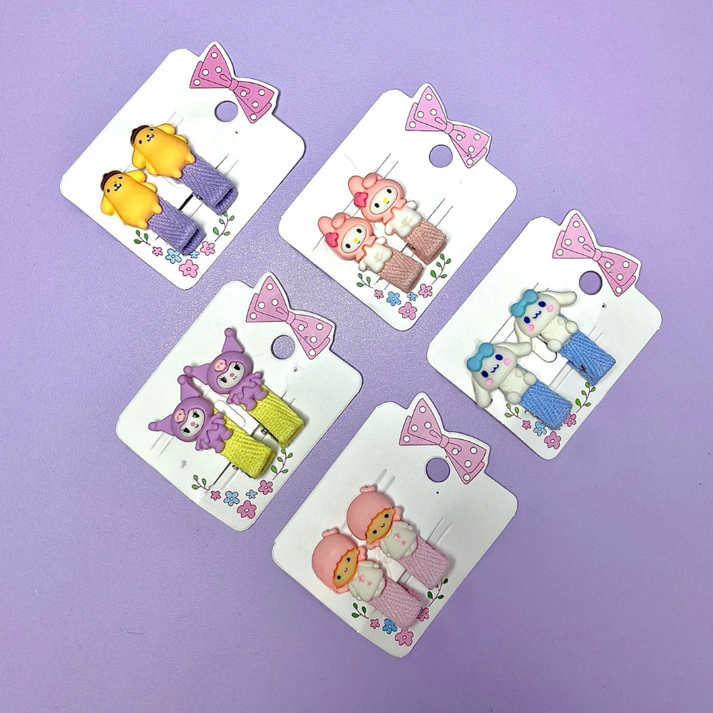 Cute Character Hair Clips, Pack of 5 Pairs, Assorted Colours with Ribbon Design