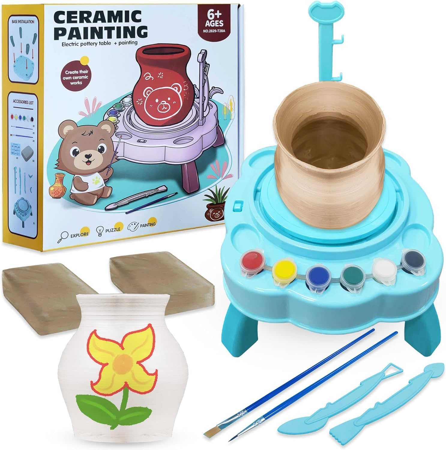 Pottery Wheel for Kids, Electric Clay Wheel Adjustable Speed, Painting Kit with 2 Dry Clays, Creative Arts & Crafts Toy Moulding Playset for Beginners