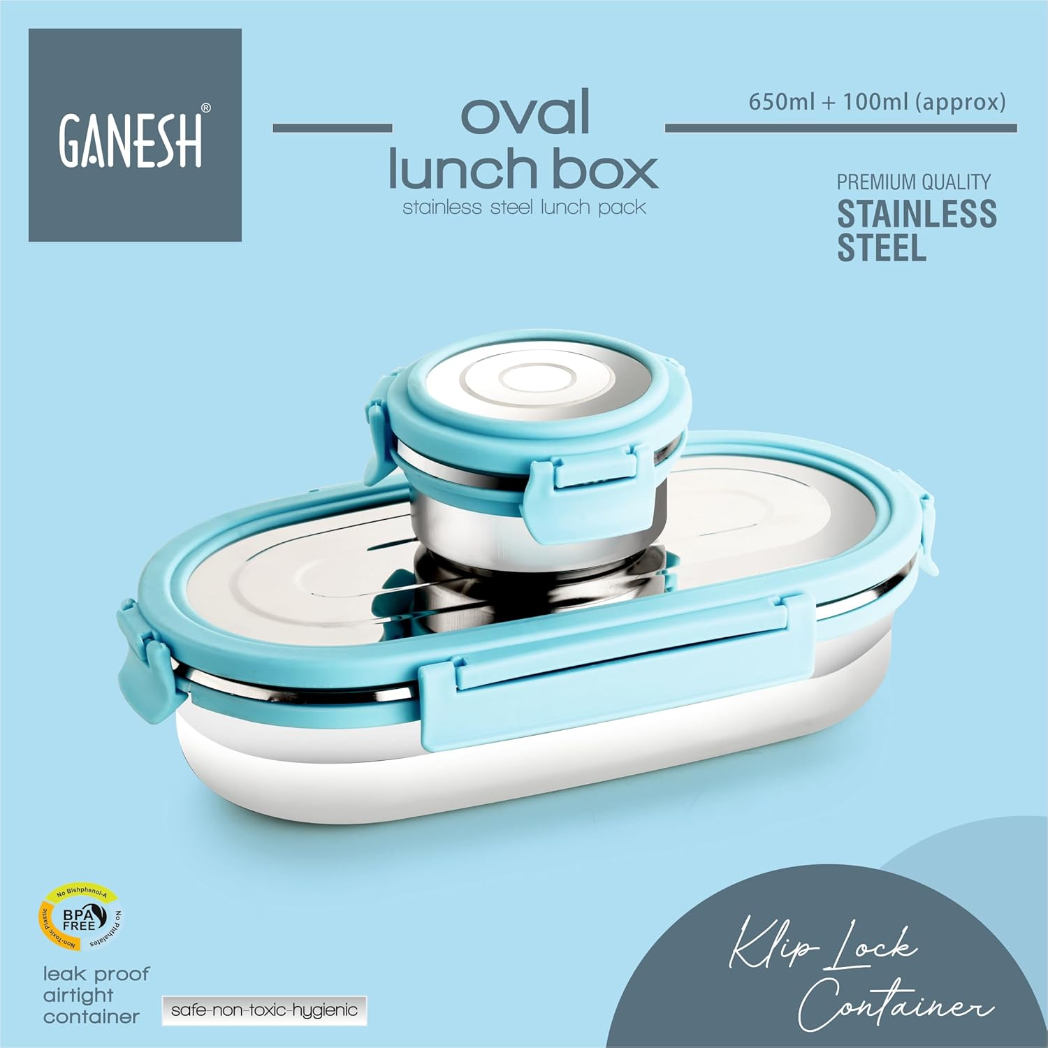 GANESH Oval Stainless Steel Airtight Leak-Proof Lunch Box for Office, School, Picnic - 750 Ml