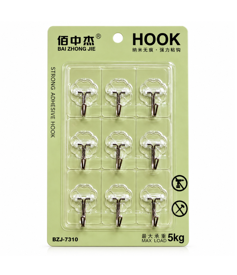 9 Pcs Heavy Duty Self-Adhesive Hooks - Strong Wall Hangers for Home & Office