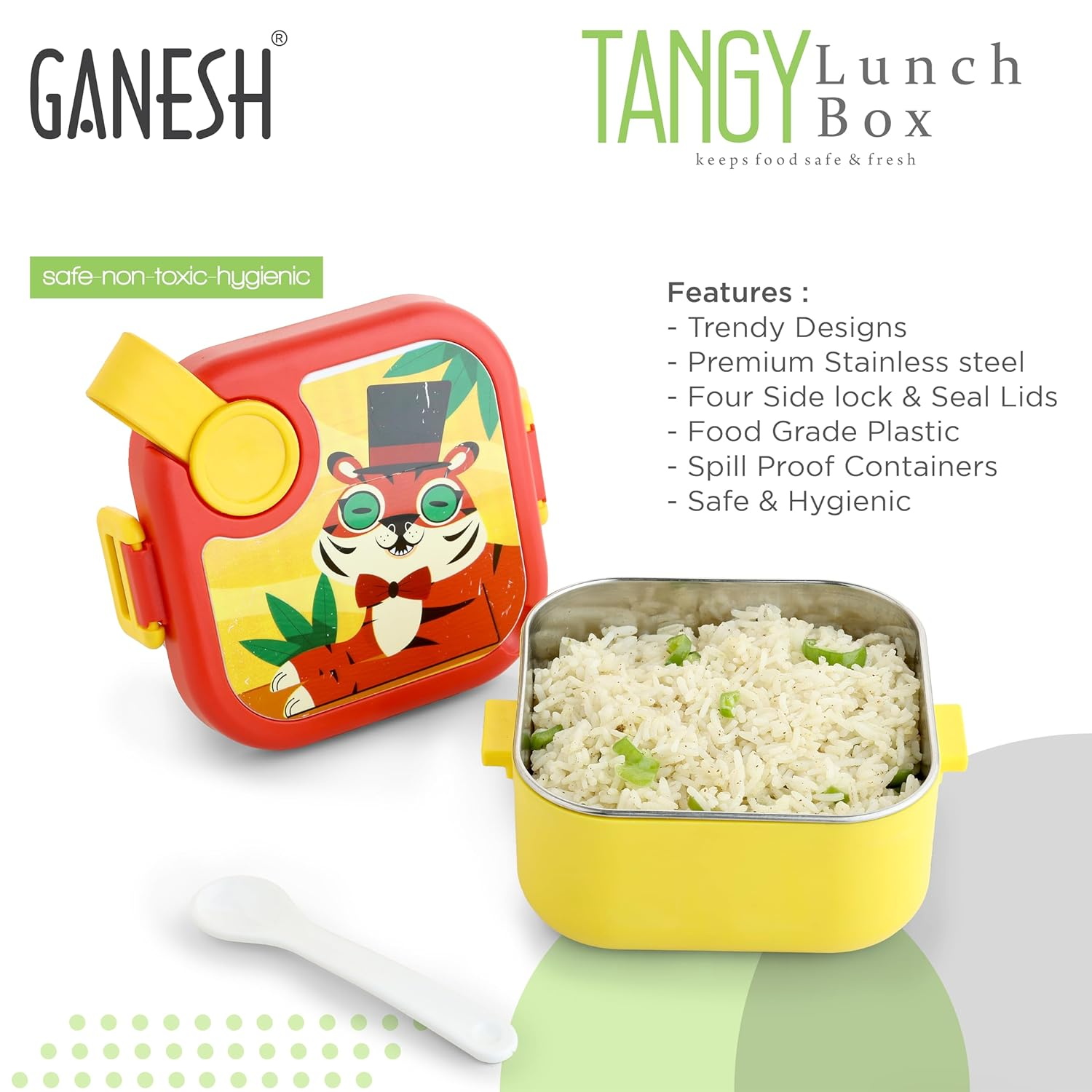 GANESH Tangy Inner Steel Lunch Box with Multi Sticker for Kids with Spoons Heavy Plastic BPA Free Food Grade Perfect for School Kids,College,Outdoor & Picnic