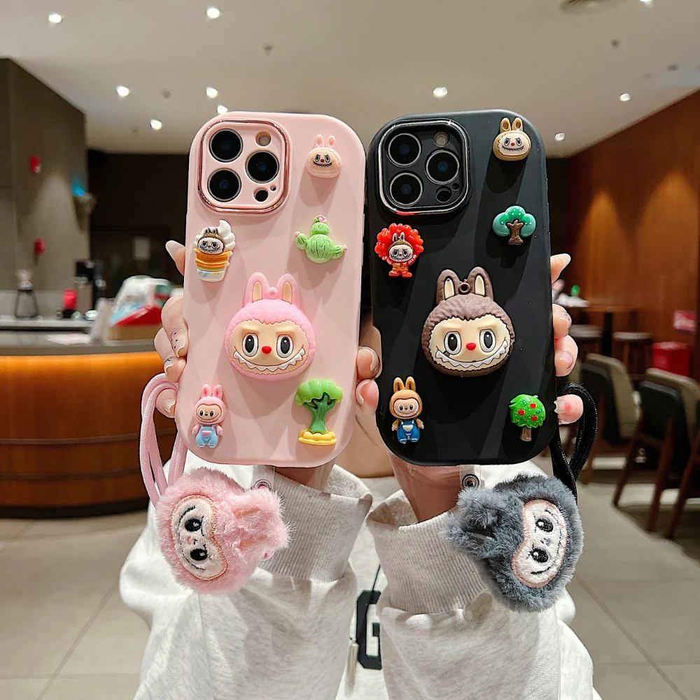 Cute 3D Cartoon Labubu Monster Phone Case with Plush Faux Fur Wrist Strap, Aesthetic Trendy Silicone Shockproof Cover for iPhone (R2BS971)