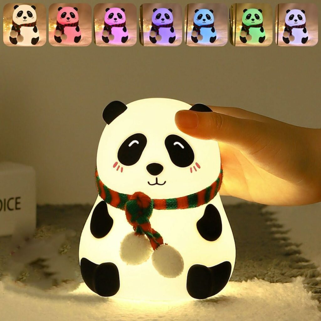 Panda Lamp (Light) Rechargeable, Cute Silicone Kawaii Night Lamp for Bedroom with Touch Gesture 7 Color Changing Adorable Christmas Gift Kids, Light,Table,Beside Kids Room (Panda-Lampled, White)