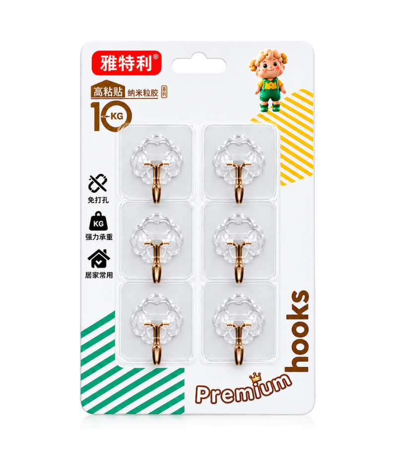 6-Pack Heavy Duty Self-Adhesive Wall Hooks | No-Drill Sticker Hangers for Home