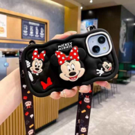Minnie Cartoon Kickstand Phone Case with Shoulder Strap | Full Protective Soft Silicone 3D Holder Back Cover for iPhone (R2BS976)
