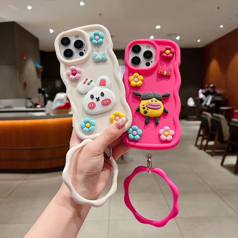 Phone Case for iPhone, 3D Silicone Phone Case with Wavy Wrist Strap & Camera Protection, Kawaii Cute Cartoon Animal Flower Soft TPU Protective Case for Women Girls (R2BS973)