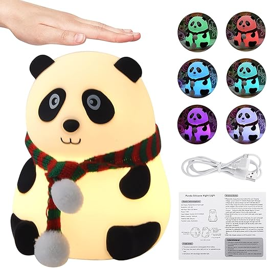Panda Lamp (Light) Rechargeable, Cute Silicone Kawaii Night Lamp for Bedroom with Touch Gesture 7 Color Changing Adorable Christmas Gift Kids, Light,Table,Beside Kids Room (Panda-Lampled, White)