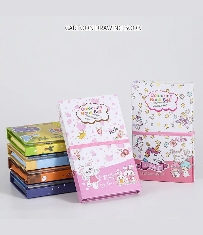 Unicorn & Multi-Theme Children's Colouring Book Set with Scratch Art Pages and Colored Pencils – All-in-One Creative Art Activity Kit for Kids
