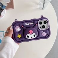 Kuromi Retractable Stand Phone Case with Shoulder Strap | Full Protective Soft Silicone 3D Cartoon Cover for iPhone (R2BS984)