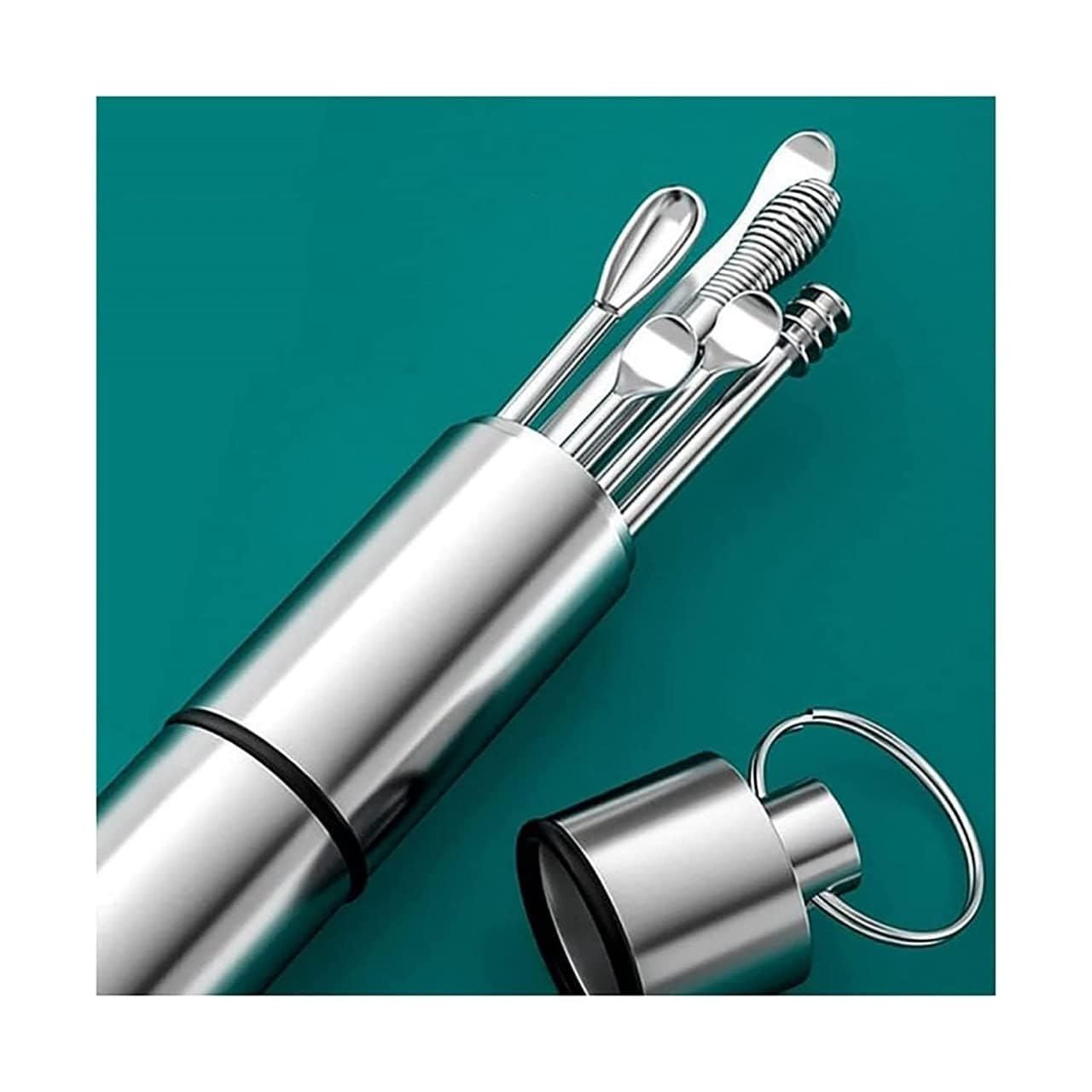6 PCs Ear Cleaning Tools With Aluminum Tube | Ear Cleansing Tool Set With Keychain Box | Earwax Removal Kit | Stainless Steel Ear Curette & Spiral Cleaner (Set of 1)